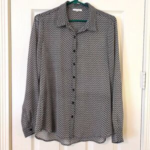 Pleione Semi Sheer Black and White Herringbone Button Down Blouse Size L